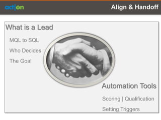 Align & Handoff


What is a Lead
 MQL to SQL
 Who Decides
 The Goal



                 Automation Tools
                 Scoring | Qualification
                 Setting Triggers
 