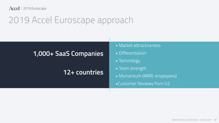 PROPRIETARY & CONFIDENTIAL - DO NOT COPY
2019 Accel Euroscape approach
!17
2019 Euroscape
1,000+ SaaS Companies
12+ countr...