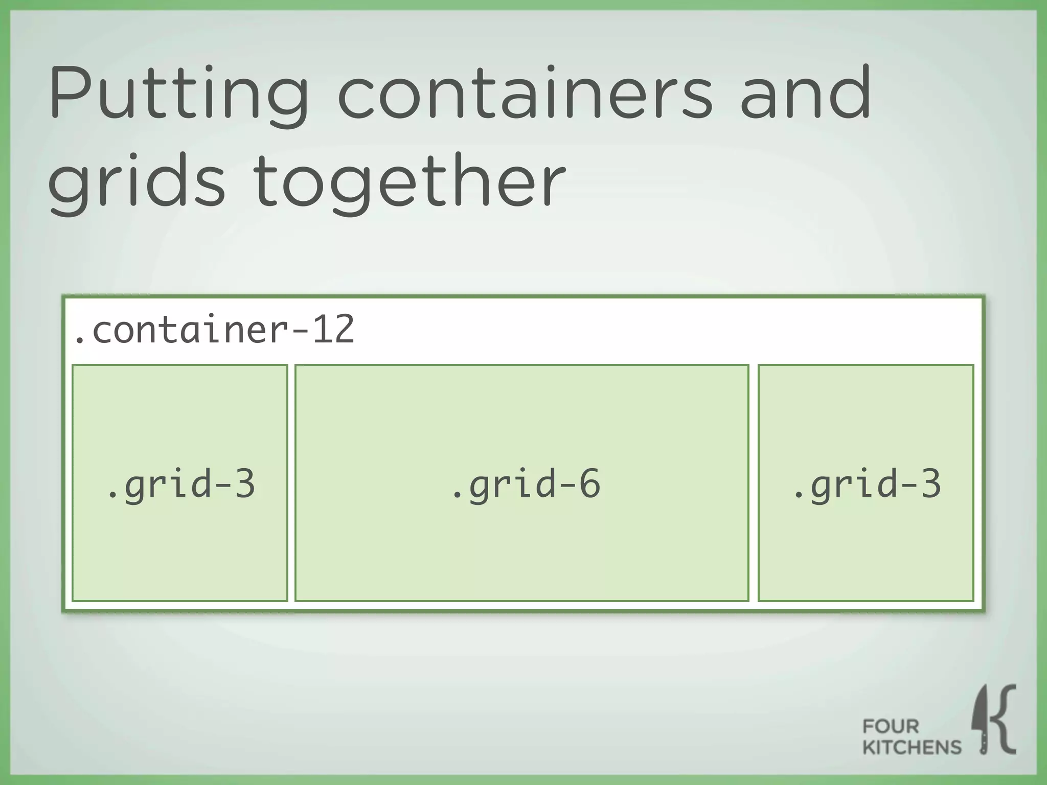 Putting containers and
grids together
.container-12



 .grid-3        .grid-6   .grid-3
 