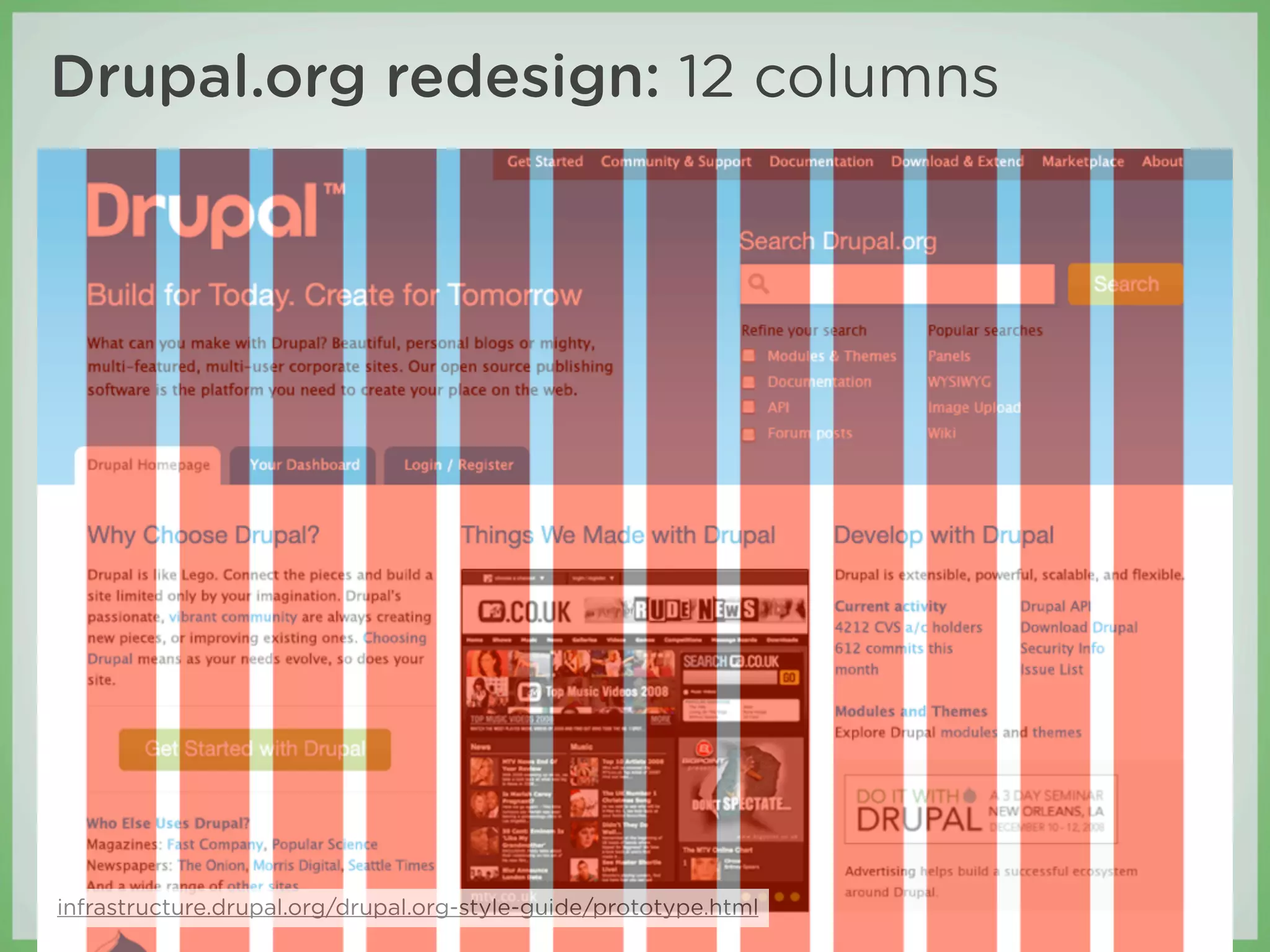 Drupal.org redesign: 12 columns




infrastructure.drupal.org/drupal.org-style-guide/prototype.html
 