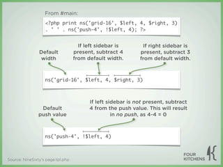 From #main:
                   <?php print ns('grid-16', $left, 4, $right, 3)
                   . ' ' . ns('push-4', !$left, 4); ?>


                                     If left sidebar is       If right sidebar is
                Default            present, subtract 4       present, subtract 3
                 width             from default width.       from default width.



                   ns('grid-16', $left, 4, $right, 3)



                                         If left sidebar is not present, subtract
                 Default                 4 from the push value. This will result
                push value                         in no push, as 4-4 = 0



                   ns('push-4', !$left, 4)



Source: NineSixty’s page.tpl.php
 