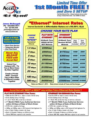 Flat Rate Ethernet Plan – Simply Authorize Service within
                                                                                                   30 Days of Dated Work Order. See TERMS for Details




James McDougall                                  ”Ethernet” Internet Rates
Ph: 425-894-7611
  Fax: 425-688-3946                            Internet Bandwidth at Affordable Rates and a 99.99% SLA
jamesm@accelnet.net
  www.accelnet.net                                                     CHOOSE YOUR RATE PLAN
                                              CHOOSE                    FLAT RATE
                                                                        FLAT RATE    ETHERNET
                                                                                      ETHERNET
                                                                        ETHERNET  OR ON DEMAND
 Callll or E--Maiill
 Ca or E Ma                                    YOUR                     ETHERNET     ON DEMAND
TODAY for FREE
TODAY for FREE                              “SPEED”                    36-Month Term                 24-Month Term   Data                       One-
Custom Quotes::
Custom Quotes                                 Symmetrical              ZERO$ SETUP                   Nominal SETUP Traffic                      Time
                                                Ethernet                NOT Metered                     Metered    Included                    SETUP
 Short-Term Service
 Temporary Service
 One-Time Event
                                            1.5 Mbps                         $350/mo                          n/a

     Never Any                                3 Mbps                         $550/mo                    $175/mo                   10GB          $800

     MILEAGE                                  5 Mbps                         $750/mo                    $300/mo                   40GB         $1200
     FEES with
     Accel Net                                8 Mbps                         $950/mo                    $475/mo                   80GB         $1600

    Extend Your                              10 Mbps                    $1150/mo                        $750/mo                  120GB         $2200
 Campus LAN – Tie
 Two or More Close-                          15 Mbps                    $1550/mo                       $1100/mo                  200GB         $3000
  By Sites Together
                                             20 Mbps                    $1950/mo                       $1400/mo                  300GB         $4000
  Create a Private
  WAN – Connect
 Two or More Sites                          100 Mbps                    $2800/mo                       $2000/mo                 1000GB $10000
in Different Locales
      Together                              300 Mbps                    $4500/mo                       $3500/mo                 2000GB $15000

                                                     Rates as of March 1, 2010 - Rates shown include all Taxes and Surcharges.


            Accel Net will “MEET or BEAT” any written Telco Ethernet Rate Quote !!
 FLAT RATE ETHERNET Pllan Terms::
 FLAT RATE ETHERNET P an Terms                                                   ETHERNET ON DEMAND Pllan Terms::
                                                                                 ETHERNET ON DEMAND P an Terms
  ZERO$ One-Time SETUP Fee is subject to results of On-Site Survey               One-Time SETUP Fee subject to results of On-Site Survey
  On-Site (Rooftop) Survey is No Charge.                                         On-Site (Rooftop) Survey is No Charge.
  1st and 2nd Month’s MRC are both due at Activation                             1st Month’s MRC and One-Time Setup are both due at Activation
  1st Month FREE if you Authorize Service                                        1st Month FREE if you Authorize Service
   within 30 Days of Date of Work Order                                            within 30 Days of Date of Work Order
    99.99% SLA is included at No Charge.                                           99.99% SLA is included at No Charge.
    100Mbps and 300Mbps subject to $50 Commercial Credit Application Fee.          100Mbps and 300Mbps subject to $50 Commercial Credit Application Fee.
    One (1) Public IP Address included at No Charge.                               One (1) Public IP Address included at No Charge.
    Blocks of 8 Routable IP Addresses are $10/mo per block.                        Blocks of 8 Routable IP Addresses are $10/mo per block.
    Ethernet WAN Router required for each connection.                              Ethernet SNMP MIB2 compliant WAN Router required for each connection.
 