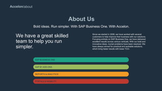 Accelon
About Us
/about
Bold ideas. Run simpler. With SAP Business One. With Accelon.
We have a great skilled
team to help you run
simpler.
Since we started in 2006, we have worked with several
customers to help improve their business with our solutions.
Focusing entirely on SAP Business One, we have delivered
excellent results across various verticals. With our bold and
innovative ideas, myriad problems have been resolved. We
have always strived for practical and workable solutions,
which bring faster results with lower TCO.
SAP BUSINESS ONE
SAP B1 ADD-ONS
REPORTS & ANALYTICS
PORTALS & MOBILITY
 