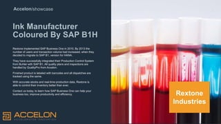 Accelon/showcase
Ink Manufacturer
Coloured By SAP B1H
Rextone implemented SAP Business One in 2010. By 2013 the
number of users and transaction volume had increased, when they
decided to migrate to SAP B1, version for HANA.
They have successfully integrated their Production Control System
from Buhler with SAP B1. All quality plans and inspections are
handled by QualityPro from Accelon.
Finished product is labeled with barcodes and all dispatches are
tracked using the same.
With accurate stocks and real-time production data, Rextone is
able to control their inventory better than ever.
Contact us today, to learn how SAP Business One can help your
business too, improve productivity and efficiency. Rextone
Industries
 