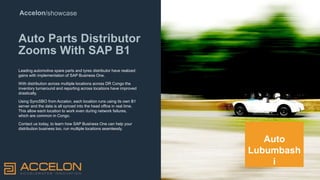 Accelon/showcase
Auto Parts Distributor
Zooms With SAP B1
Leading automotive spare parts and tyres distributor have realized
gains with implementation of SAP Business One.
With distribution across multiple locations across DR Congo the
inventory turnaround and reporting across locations have improved
drastically.
Using SyncSBO from Accelon, each location runs using its own B1
server and the data is all synced into the head office in real time.
This allow each location to work even during network failures,
which are common in Congo.
Contact us today, to learn how SAP Business One can help your
distribution business too, run multiple locations seamlessly.
Auto
Lubumbash
i
 