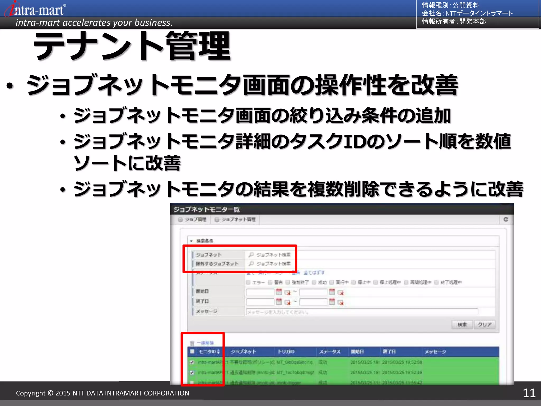 intra-mart accelerates your business.
情報種別：公開資料
会社名：NTTデータイントラマート
情報所有者：開発本部
11Copyright © 2015 NTT DATA INTRAMART CORPORATION
テナント管理
• ジョブネットモニタ画面の操作性を改善
• ジョブネットモニタ画面の絞り込み条件の追加
• ジョブネットモニタ詳細のタスクIDのソート順を数値
ソートに改善
• ジョブネットモニタの結果を複数削除できるように改善
 
