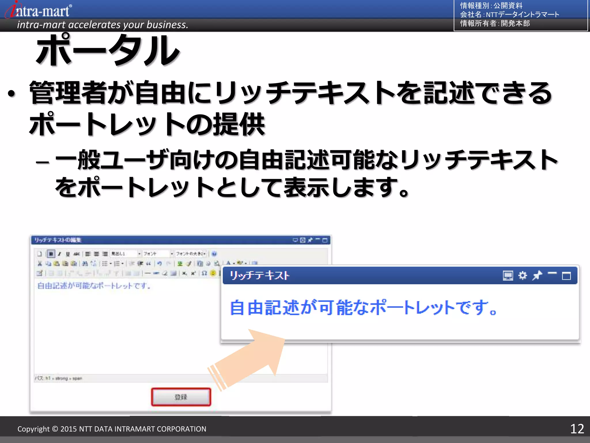 intra-mart accelerates your business.
情報種別：公開資料
会社名：NTTデータイントラマート
情報所有者：開発本部
12Copyright © 2015 NTT DATA INTRAMART CORPORATION
ポータル
• 管理者が自由にリッチテキストを記述できる
ポートレットの提供
– 一般ユーザ向けの自由記述可能なリッチテキスト
をポートレットとして表示します。
 