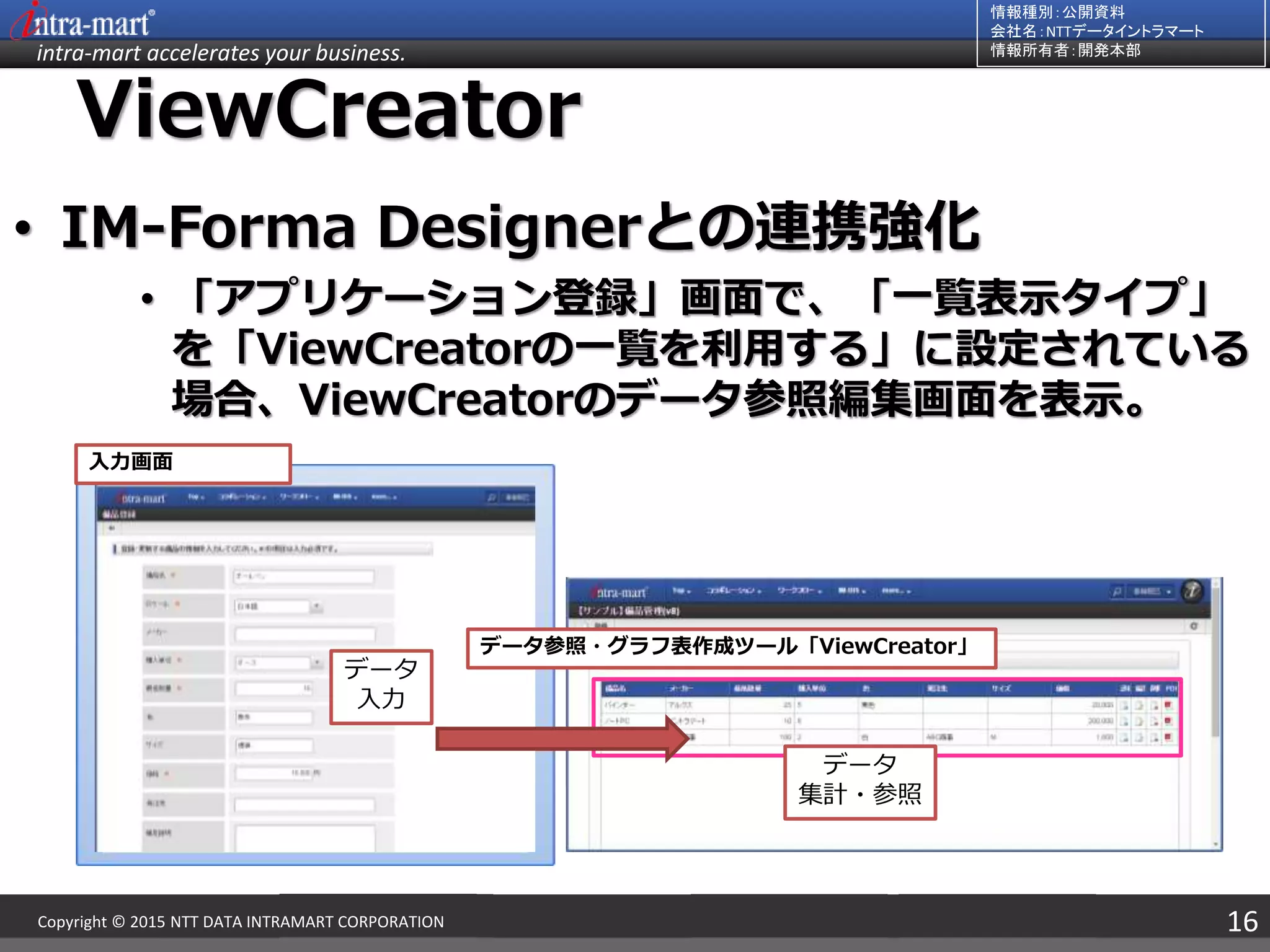 intra-mart accelerates your business.
情報種別：公開資料
会社名：NTTデータイントラマート
情報所有者：開発本部
16Copyright © 2015 NTT DATA INTRAMART CORPORATION
ViewCreator
• IM-Forma Designerとの連携強化
• 「アプリケーション登録」画面で、「一覧表示タイプ」
を「ViewCreatorの一覧を利用する」に設定されている
場合、ViewCreatorのデータ参照編集画面を表示。
案件終了時に
自動で登録
データ
入力
データ
集計・参照
入力画面
データ参照・グラフ表作成ツール「ViewCreator」
 