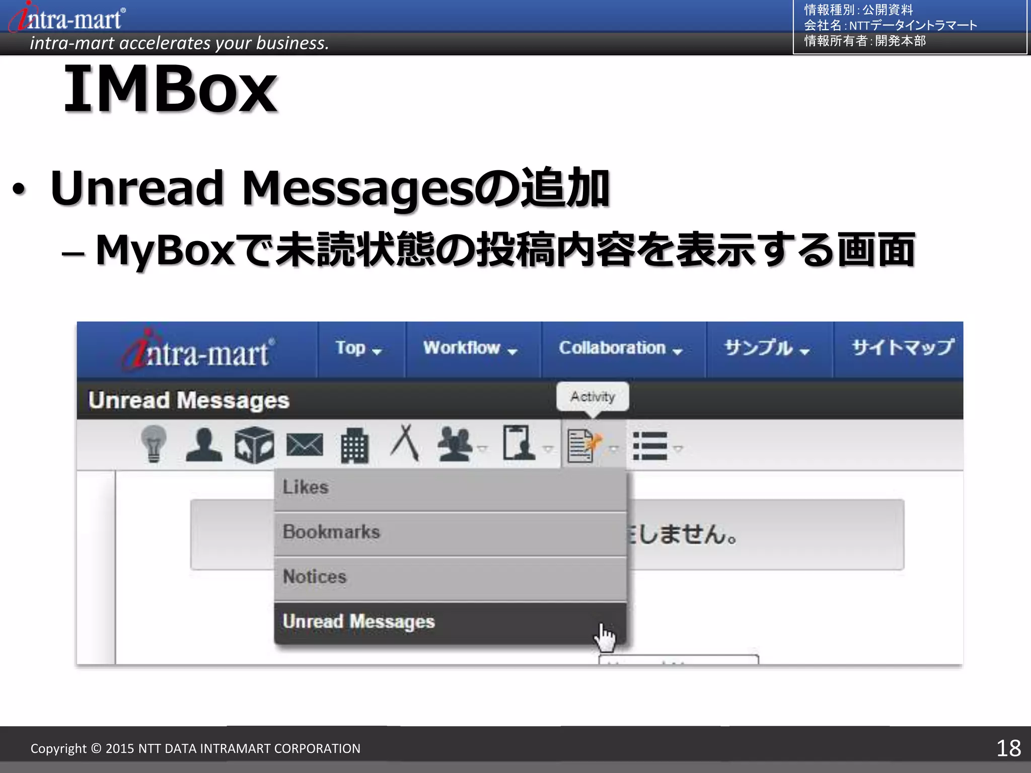 intra-mart accelerates your business.
情報種別：公開資料
会社名：NTTデータイントラマート
情報所有者：開発本部
18Copyright © 2015 NTT DATA INTRAMART CORPORATION
IMBox
• Unread Messagesの追加
– MyBoxで未読状態の投稿内容を表示する画面
 