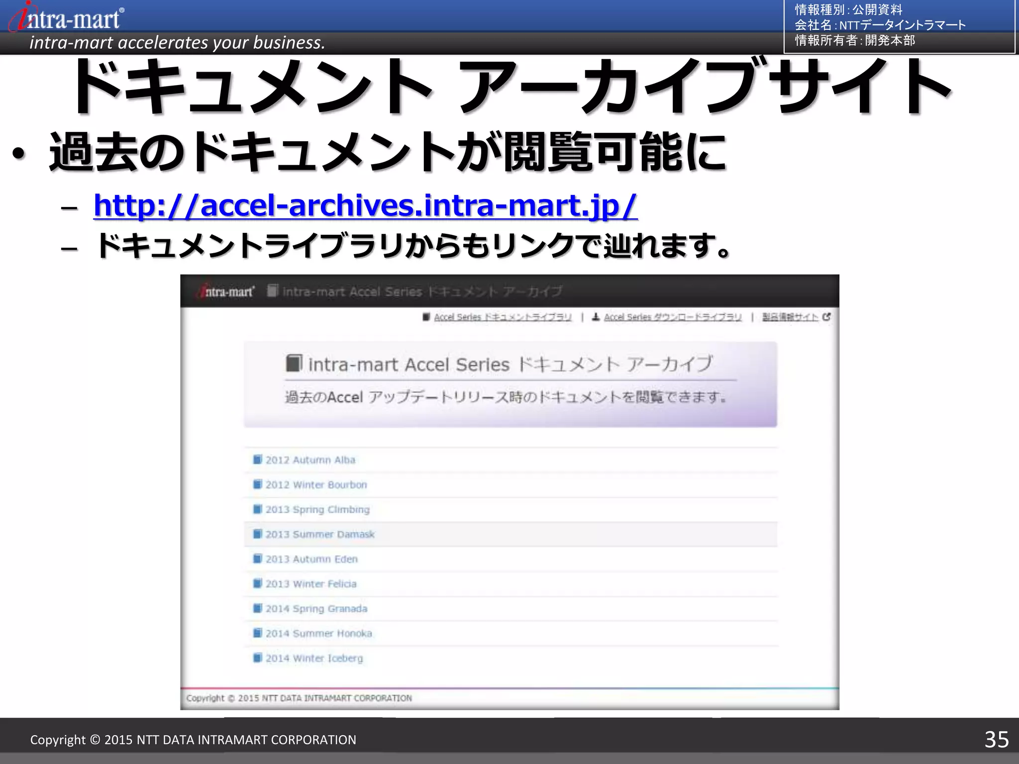 intra-mart accelerates your business.
情報種別：公開資料
会社名：NTTデータイントラマート
情報所有者：開発本部
35Copyright © 2015 NTT DATA INTRAMART CORPORATION
ドキュメント アーカイブサイト
• 過去のドキュメントが閲覧可能に
– http://accel-archives.intra-mart.jp/
– ドキュメントライブラリからもリンクで辿れます。
 