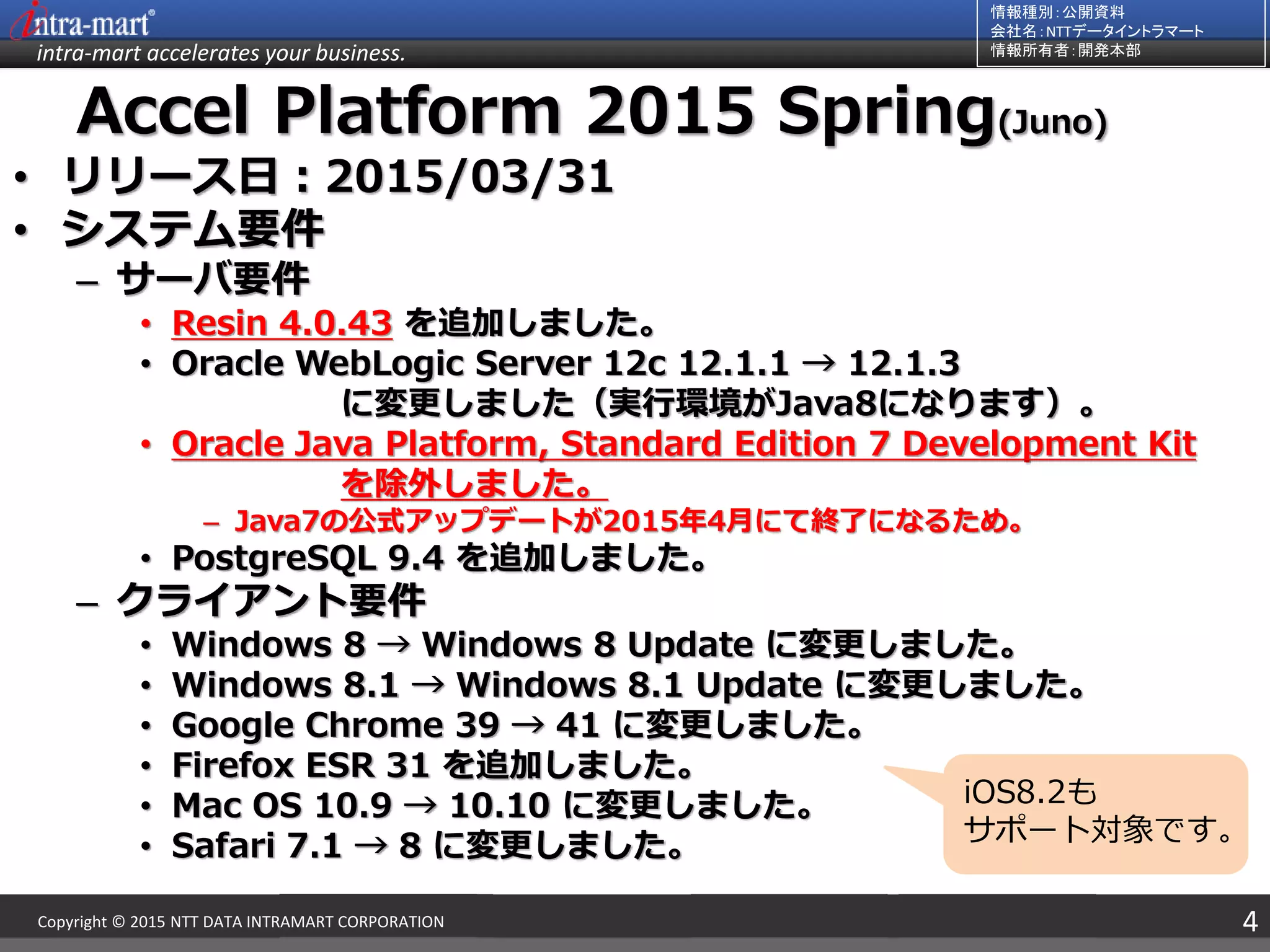 intra-mart accelerates your business.
情報種別：公開資料
会社名：NTTデータイントラマート
情報所有者：開発本部
4Copyright © 2015 NTT DATA INTRAMART CORPORATION
Accel Platform 2015 Spring(Juno)
• リリース日：2015/03/31
• システム要件
– サーバ要件
• Resin 4.0.43 を追加しました。
• Oracle WebLogic Server 12c 12.1.1 → 12.1.3
に変更しました（実行環境がJava8になります）。
• Oracle Java Platform, Standard Edition 7 Development Kit
を除外しました。
– Java7の公式アップデートが2015年4月にて終了になるため。
• PostgreSQL 9.4 を追加しました。
– クライアント要件
• Windows 8 → Windows 8 Update に変更しました。
• Windows 8.1 → Windows 8.1 Update に変更しました。
• Google Chrome 39 → 41 に変更しました。
• Firefox ESR 31 を追加しました。
• Mac OS 10.9 → 10.10 に変更しました。
• Safari 7.1 → 8 に変更しました。
iOS8.2も
サポート対象です。
 