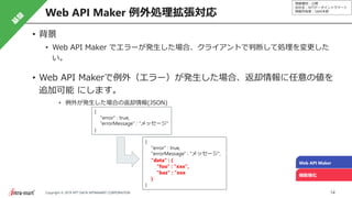 情報種別：公開
会社名：NTTデータイントラマート
情報所有者：S&M本部
14Copyright © 2019 NTT DATA INTRAMART CORPORATION
Web API Maker 例外処理拡張対応
Web API Maker
機能強化
• 背景
• Web API Maker でエラーが発生した場合、クライアントで判断して処理を変更した
い。
• Web API Makerで例外（エラー）が発生した場合、返却情報に任意の値を
追加可能 にします。
• 例外が発生した場合の返却情報(JSON)
{
"error" : true,
“errorMessage” : “メッセージ"
}
{
"error" : true,
"errorMessage" : "メッセージ",
"data" : {
"foo" : "xxx",
"baz" : "xxx
}
}
 