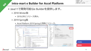 情報種別：公開
会社名：NTTデータイントラマート
情報所有者：S&M本部
16Copyright © 2019 NTT DATA INTRAMART CORPORATION
intra-mart e Builder for Accel Platform
e Builder
機能強化
Java11で開発可能なe Builderを提供します。
2018 Winter版
2019/2末にリリース済み。
2019 Spring版
Accel Platform 2019 Springと同時にリリース。
 