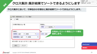 情報種別：公開
会社名：NTTデータイントラマート
情報所有者：S&M本部
23Copyright © 2019 NTT DATA INTRAMART CORPORATION
ViewCreator
機能強化
行見出しでソート項目とソート順を
指定します。
クロス集計において、行単位の小計表示と集計結果でソートできるようにします。
クロス集計:集計結果でソートできるようにします
 