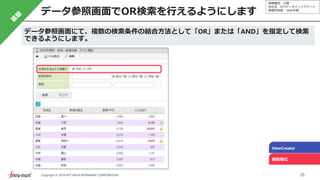 情報種別：公開
会社名：NTTデータイントラマート
情報所有者：S&M本部
25Copyright © 2019 NTT DATA INTRAMART CORPORATION
データ参照画面でOR検索を行えるようにします
ViewCreator
機能強化
データ参照画面にて、複数の検索条件の結合方法として「OR」または「AND」を指定して検索
できるようにします。
 