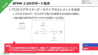 情報種別：公開
会社名：NTTデータイントラマート
情報所有者：S&M本部
41Copyright © 2019 NTT DATA INTRAMART CORPORATION
BPMN 2.0のサポート拡充
IM-BPM
機能強化
• プロセスデザイナへデータストアのエレメントを追加
• プロセス外のデータとのやり取りを表現する仕組みの提供。
• 他社製のBPMNデザイナからの移行への対応。
注意点：
プロセス図の表現のための機能です。実際にデータ連携を実現するには、サービス
タスクやIM-LogicDesignerタスクを利用して処理を作成する必要があります。
 