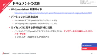 情報種別：公開
会社名：NTTデータイントラマート
情報所有者：S&M本部
59Copyright © 2019 NTT DATA INTRAMART CORPORATION
ドキュメントの改善
IM-Spreadsheet
機能強化
IM-Spreadsheet 利用ガイド
https://www.intra-mart.jp/document/library/im_spreadsheet/public/im_spreadsheet_usage_guide/index.html
バージョン対応表を追加
2018 Winterまでは SpreadJS V10J(バージョン10.3.0)
2019 Springからは SpreadJS V12J(バージョン12.0.7)
ライセンスに関する情報を詳細に記載
バージョンごとにSpreadJSのライセンスキーが異なるため、アップデート時には新しいライセン
スキーが必要
ライセンスキーの設定手順をより具体的に
 