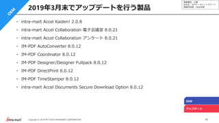 情報種別：公開
会社名：NTTデータイントラマート
情報所有者：S&M本部
61Copyright © 2019 NTT DATA INTRAMART CORPORATION
2019年3月末でアップデートを行う製品
OEM
アップデート
• intra-mart Accel Kaiden! 2.0.8
• intra-mart Accel Collaboration 電子会議室 8.0.21
• intra-mart Accel Collaboration アンケート 8.0.21
• IM-PDF AutoConverter 8.0.12
• IM-PDF Coordinator 8.0.12
• IM-PDF Designer/Designer Fullpack 8.0.12
• IM-PDF DirectPrint 8.0.12
• IM-PDF TimeStamper 8.0.12
• intra-mart Accel Documents Secure Download Option 8.0.12
 