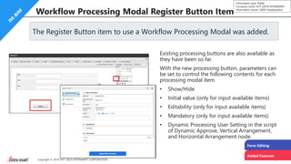 19Copyright © 2019 NTT DATA INTRAMART CORPORATION
Information type: Public
Company name: NTT DATA INTRAMART
Information owner: S&M Headquarters
The Register Button item to use a Workflow Processing Modal was added.
Added Features
Existing processing buttons are also available as
they have been so far.
With the new processing button, parameters can
be set to control the following contents for each
processing modal item.
• Show/Hide
• Initial value (only for input available items)
• Editability (only for input available items)
• Mandatory (only for input available items)
• Dynamic Processing User Setting in the script
of Dynamic Approve, Vertical Arrangement,
and Horizontal Arrangement node.
Workflow Processing Modal Register Button Item
Form Editing
 