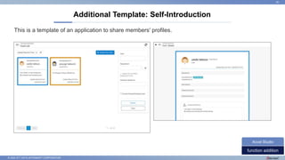 © 2022 NTT DATA INTRAMART CORPORATION
Additional Template: Self-Introduction
20
function addition
Accel Studio
This is a template of an application to share members' profiles.
 