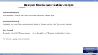 © 2022 NTT DATA INTRAMART CORPORATION
Specification Change 1
When assigning a variable, null is used to complete any missing mapping keys.
Specification Change 2
Change the time zone of the account context to default for the date and time in the “Environment” variable.
Spec Change3
Change the color of the "Display message ○ in error dialog box" and "Display in alert dialog box" buttons.
The following pages provide more details.
Designer Screen Specification Changes
23
specification
change
IM-BloomMaker
 