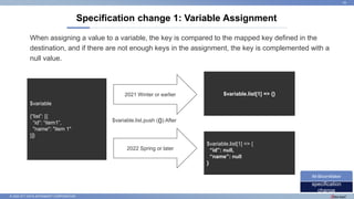 © 2022 NTT DATA INTRAMART CORPORATION
Specification change 1: Variable Assignment
24
specification
change
IM-BloomMaker
When assigning a value to a variable, the key is compared to the mapped key defined in the
destination, and if there are not enough keys in the assignment, the key is complemented with a
null value.
$variable
{“list”: [{
“id”: “item1”,
"name": "item 1"
}]}
$variable.list[1] => {}
2021 Winter or earlier
$variable.list[1] => {
“id”: null,
“name”: null
}
2022 Spring or later
$variable.list.push ({}) After
 