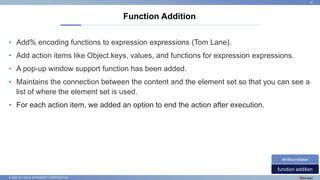 © 2022 NTT DATA INTRAMART CORPORATION
• Add% encoding functions to expression expressions (Tom Lane).
• Add action items like Object.keys, values, and functions for expression expressions.
• A pop-up window support function has been added.
• Maintains the connection between the content and the element set so that you can see a
list of where the element set is used.
• For each action item, we added an option to end the action after execution.
Function Addition
37
function addition
IM-BloomMaker
 