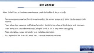 © 2022 NTT DATA INTRAMART CORPORATION
Minor defect fixes and enhancements were made to the Box linkage module.
• Remove unnecessary text from the configuration file upload screen and place it in the appropriate
location.
• Fixes a bug that causes a NullPointerException due to timing when a Box linkage task executes.
• Fixes a bug that caused some LogicDesigner tasks to fail to step when debugging.
• Adds a template, scope parameter to a metadata operation.
• Add arguments for “the Lock Files” task, such as due date and time.
Box Linkage
44
functional
enhancement
service linkage
 