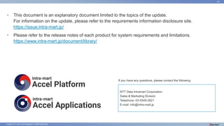 © 2022 NTT DATA INTRAMART CORPORATION
45
• This document is an explanatory document limited to the topics of the update.
For information on the update, please refer to the requirements information disclosure site.
https://issue.intra-mart.jp/
• Please refer to the release notes of each product for system requirements and limitations.
https://www.intra-mart.jp/document/library/
If you have any questions, please contact the following.
NTT Data Intramart Corporation
Sales & Marketing Division
Telephone: 03-5549-2821
E-mail: info@intra-mart.jp
 
