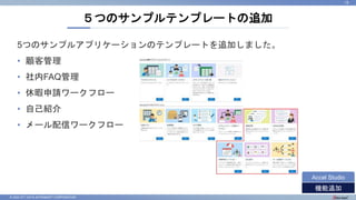 © 2022 NTT DATA INTRAMART CORPORATION
５つのサンプルテンプレートの追加
15
機能追加
Accel Studio
5つのサンプルアプリケーションのテンプレートを追加しました。
• 顧客管理
• 社内FAQ管理
• 休暇申請ワークフロー
• 自己紹介
• メール配信ワークフロー
 