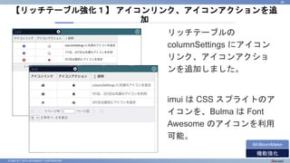 © 2022 NTT DATA INTRAMART CORPORATION
【リッチテーブル強化１】 アイコンリンク、アイコンアクションを追
加
28
機能強化
IM-BloomMaker
リッチテーブルの
columnSettings にアイコン
リンク、アイコンアクショ
ンを追加しました。
imui は CSS スプライトのア
イコンを、Bulma は Font
Awesome のアイコンを利用
可能。
 
