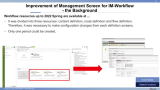 © 2022 NTT DATA INTRAMART CORPORATION
Workflow resources up to 2022 Spring are available at ...
Improvement of Management Screen for IM-Workflow
- the Background
20
• It was divided into three resources: content definition, route definition and flow definition.
Therefore, it was necessary to make configuration changes from each definition screens.
• Only one period could be created.
Added Functions
Accel Studio
 