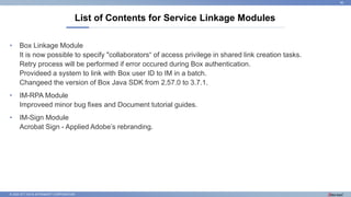 © 2022 NTT DATA INTRAMART CORPORATION
• Box Linkage Module
It is now possible to specify "collaborators“ of access privilege in shared link creation tasks.
Retry process will be performed if error occured during Box authentication. ​
Provideed a system to link with Box user ID to IM in a batch. ​
Changeed the version of Box Java SDK from 2.57.0 to 3.7.1.
• IM-RPA Module
Improveed minor bug fixes and Document tutorial guides.
• IM-Sign Module
Acrobat Sign - Applied Adobe’s rebranding.
List of Contents for Service Linkage Modules
36
 