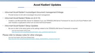 © 2022 NTT DATA INTRAMART CORPORATION
• intra-mart Accel Kaiden! invoiceAgent document management linkage
• Provide function to link with invoiceAgent document management. ​
• intra-mart Accel Kaiden! Notes on (2.0.13)
• Unable to use Microsoft SQL Server for database if you use TERASOLUNA Server Framework for Java (5.x) for Accel Platform with
user modules or applications which are not Intra-mart Accel Kaiden!. ​
• intra-mart Accel Kaiden! Setup Updates
• Be sure to refer to the setup guide as the settings related to the TERASOLUNA Server Framework is required.
• intra-mart Accel Kaiden! Setup Guide
https://document.intra-mart.jp/library/iak/public/kaiden_setup_guide/texts/install/index.html
Please refer to release notes for other changes.
• intra-mart Accel Kaiden! 2022 Winter Release Notes
https://document.intra-mart.jp/library/iak/public/kaiden_release_note/texts/before_comparison/index.html
Accel Kadien! Updates
38
 