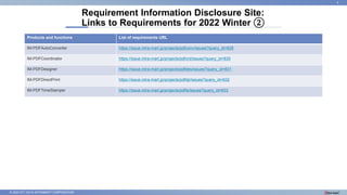 © 2022 NTT DATA INTRAMART CORPORATION
Requirement Information Disclosure Site:
Links to Requirements for 2022 Winter ②
4
Products and functions List of requirements URL
IM-PDFAutoConverter https://issue.intra-mart.jp/projects/pdfconv/issues?query_id=828
IM-PDFCoordinator https://issue.intra-mart.jp/projects/pdfcrd/issues?query_id=830
IM-PDFDesigner https://issue.intra-mart.jp/projects/pdfdes/issues?query_id=831
IM-PDFDirectPrint https://issue.intra-mart.jp/projects/pdfdp/issues?query_id=832
IM-PDFTimeStamper https://issue.intra-mart.jp/projects/pdfts/issues?query_id=833
 