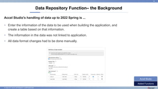 © 2022 NTT DATA INTRAMART CORPORATION
Accel Studio's handling of data up to 2022 Spring is ...
Data Repository Function– t...