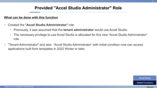 © 2022 NTT DATA INTRAMART CORPORATION
What can be done with this function
Provided "Accel Studio Administrator" Role
22
• ...