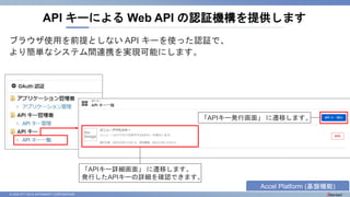© 2023 NTT DATA INTRAMART CORPORATION
ブラウザ使用を前提としない API キーを使った認証で、
より簡単なシステム間連携を実現可能にします。
API キーによる Web API の認証機構を提供します
「APIキー発行画面」 に遷移します。
「APIキー詳細画面」 に遷移します。
発行したAPIキーの詳細を確認できます。
Accel Platform (基盤機能)
 