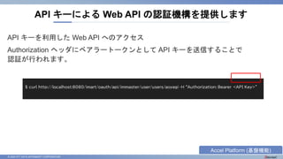 © 2023 NTT DATA INTRAMART CORPORATION
API キーを利用した Web API へのアクセス
Authorization ヘッダにベアラートークンとして API キーを送信することで
認証が行われます。
API キーによる Web API の認証機構を提供します
Accel Platform (基盤機能)
 