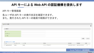 © 2023 NTT DATA INTRAMART CORPORATION
API キー管理画面
各ユーザの API キーの発行状況を確認できます。
また、発行された API キーの検索や削除ができます。
API キーによる Web API の認証機構を提供します
Accel Platform (基盤機能)
 