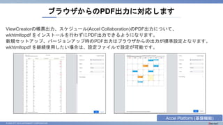 © 2023 NTT DATA INTRAMART CORPORATION
ViewCreatorの帳票出力、スケジュール(Accel Collaboration)のPDF出力について、
wkhtmltopdf をインストールを行わずにPDF出力できるようになります。
新規セットアップ、バージョンアップ時のPDF出力はブラウザからの出力が標準設定となります。
wkhtmltopdf を継続使用したい場合は、設定ファイルで設定が可能です。
ブラウザからのPDF出力に対応します
Accel Platform (基盤機能)
 