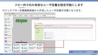 © 2023 NTT DATA INTRAMART CORPORATION
ロジックフロー定義編集画面から作成したユーザ定義が対象になります。
フロー内でのみ有効なユーザ定義を設定可能にします
Accel Platform (基盤機能)
 