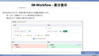 © 2023 NTT DATA INTRAMART CORPORATION
IM-Workflow のフロー定義の差分を表示する機能を提供します。
同一フロー定義のバージョン間の差分を比較する
異なるフロー定義との差分を比較する
IM-Workflow - 差分表示
Accel Studio
 
