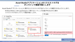 © 2023 NTT DATA INTRAMART CORPORATION
Accel Studioアプリケーションに関するリクエストログをオンラインで確認できるようにします。
IM-BloomMaker とIM-LogicDesigner に関するルーティング定義が呼び出された際の
リクエストログをオンラインで確認可能にします。
Accel Studioアプリケーションのリクエストログを
オンラインで確認可能にします
登録ボタンを押下した際にLogicDesignerのREST APIが呼び出さ
れる
【ルーティング】 accel-studio-app/pc_management
Accel Studio
 