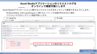 © 2023 NTT DATA INTRAMART CORPORATION
Accel Studioアプリケーションに関するリクエストログをオンラインで確認できるようにします。
IM-BloomMaker とIM-LogicDesigner に関するルーティング定義が呼び出された際の
リクエストログをオンラインで確認可能にします。
Accel Studioアプリケーションのリクエストログを
オンラインで確認可能にします
登録ボタンを押下した際にLogicDesignerのREST APIが呼び出さ
れる
【ルーティング】 accel-studio-app/pc_management
リクエストパラメータが確認可能になりまし
た。
Accel Studio
 