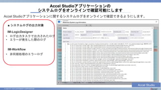 © 2023 NTT DATA INTRAMART CORPORATION
Accel Studioアプリケーションに関するシステムログをオンラインで確認できるようにします。
Accel Studioアプリケーションの
システムログをオンラインで確認可能にします
■ システムログの出力対象
IM-LogicDesigner
• ログ出力タスクで出力されたログ
• エラーが発生した際のログ
IM-Workflow
• 非同期処理のエラーログ
Accel Studio
 