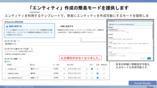 © 2023 NTT DATA INTRAMART CORPORATION
「エンティティ」作成の簡易モードを提供します
エンティティを利用するテンプレートで、簡易にエンティティを作成可能にするモードを提供しま
す。
従来の詳細に情報設定可能な
入力モードも利用可能です。
入力項目が少なくなりました。
Accel Studio
 