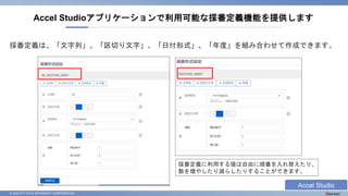 © 2023 NTT DATA INTRAMART CORPORATION
採番定義は、「文字列」、「区切り文字」、「日付形式」、「年度」を組み合わせて作成できます。
Accel Studioアプリケーションで利用可能な採番定義機能を提供します
採番定義に利用する値は自由に順番を入れ替えたり、
数を増やしたり減らしたりすることができます。
Accel Studio
 