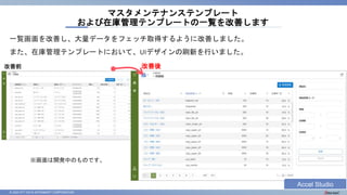 © 2023 NTT DATA INTRAMART CORPORATION
一覧画面を改善し、大量データをフェッチ取得するように改善しました。
また、在庫管理テンプレートにおいて、UIデザインの刷新を行いました。
マスタメンテナンステンプレート
および在庫管理テンプレートの一覧を改善します
※画面は開発中のものです。
改善前 改善後
Accel Studio
 