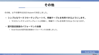 © 2023 NTT DATA INTRAMART CORPORATION
その他、以下の要件を2023 Autumnで対応しました。
その他
• シンプルなワークフローテンプレートで、明細テーブルを利用できるようにします。
• マスタメンテナンステンプレートと同様に、明細テーブルを利用できるようになります。
• 認可設定画面のパフォーマンス改善
• Accel Studioの認可設定画面のパフォーマンスを改善しました。
Accel Studio
 